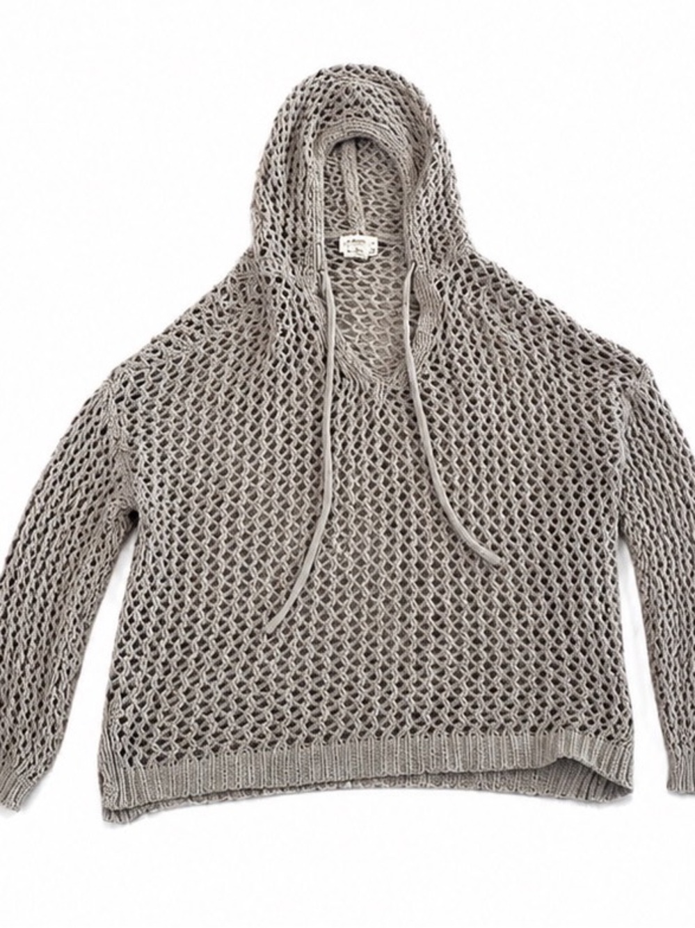 Nicole Miller Atelier Open Knit Hooded Sweater Beige Boho Beach Cover Up